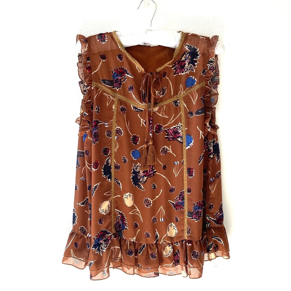 Hazel, Bronze, Blue, Beige Fall Floral Top, Size Large, NWOT